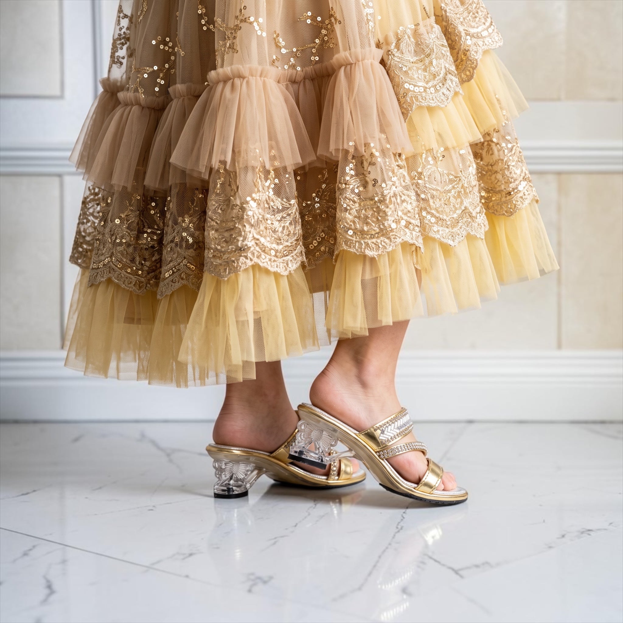 Frilly Jungle Gold Disco Mule