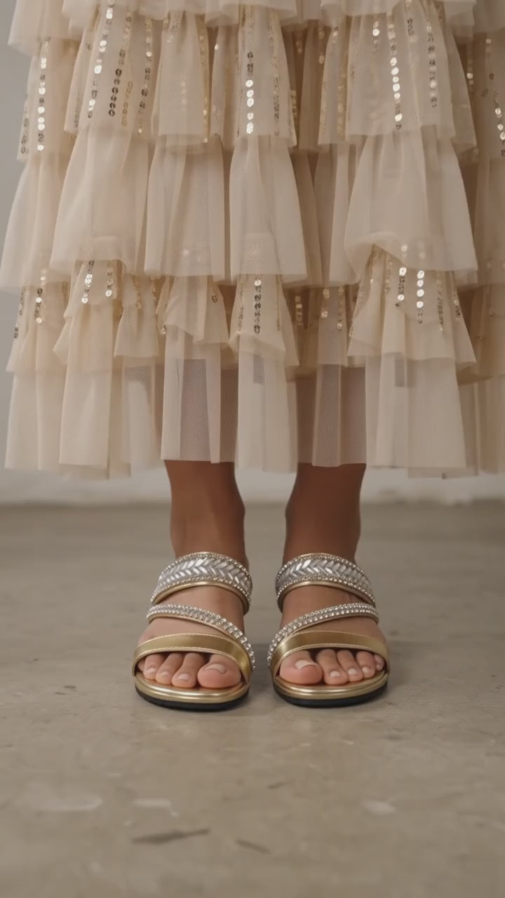 Frilly Jungle Gold Disco Mule